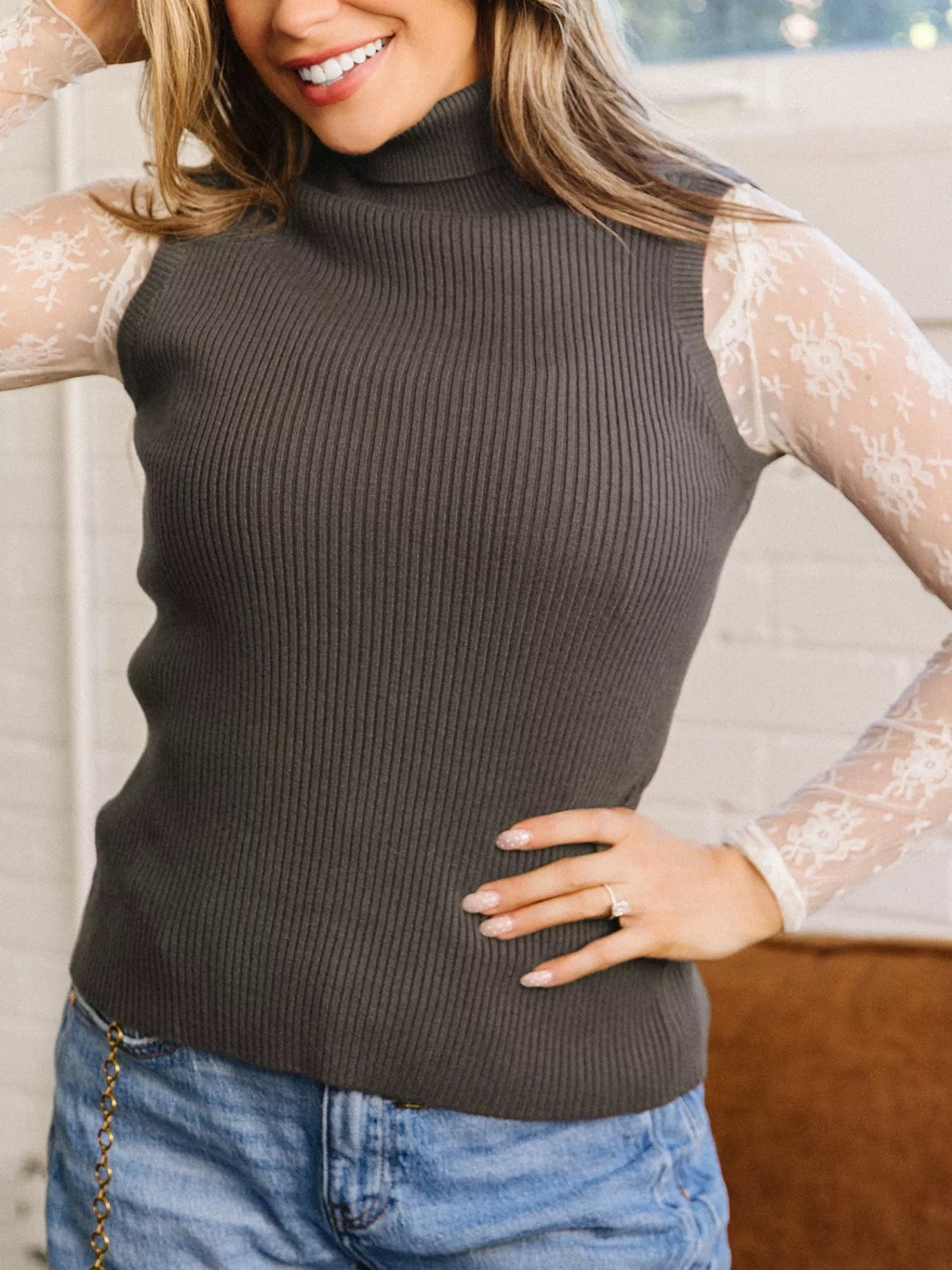 Ribbed Knit High Neck Sleeveless Waist Slim Fit Sweater Vest