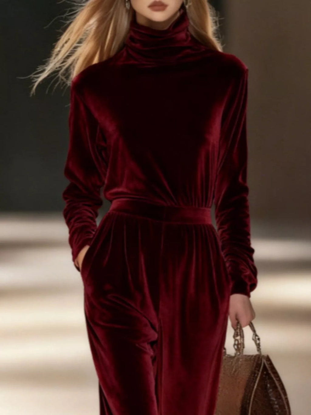 Full Size Velvet Turtleneck Long Sleeve Top and Wide-Leg Pants Set Plus Size - Lilixa.store