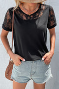 Perfee Spliced Lace Round Neck Short Sleeve Top - Lilixa.store