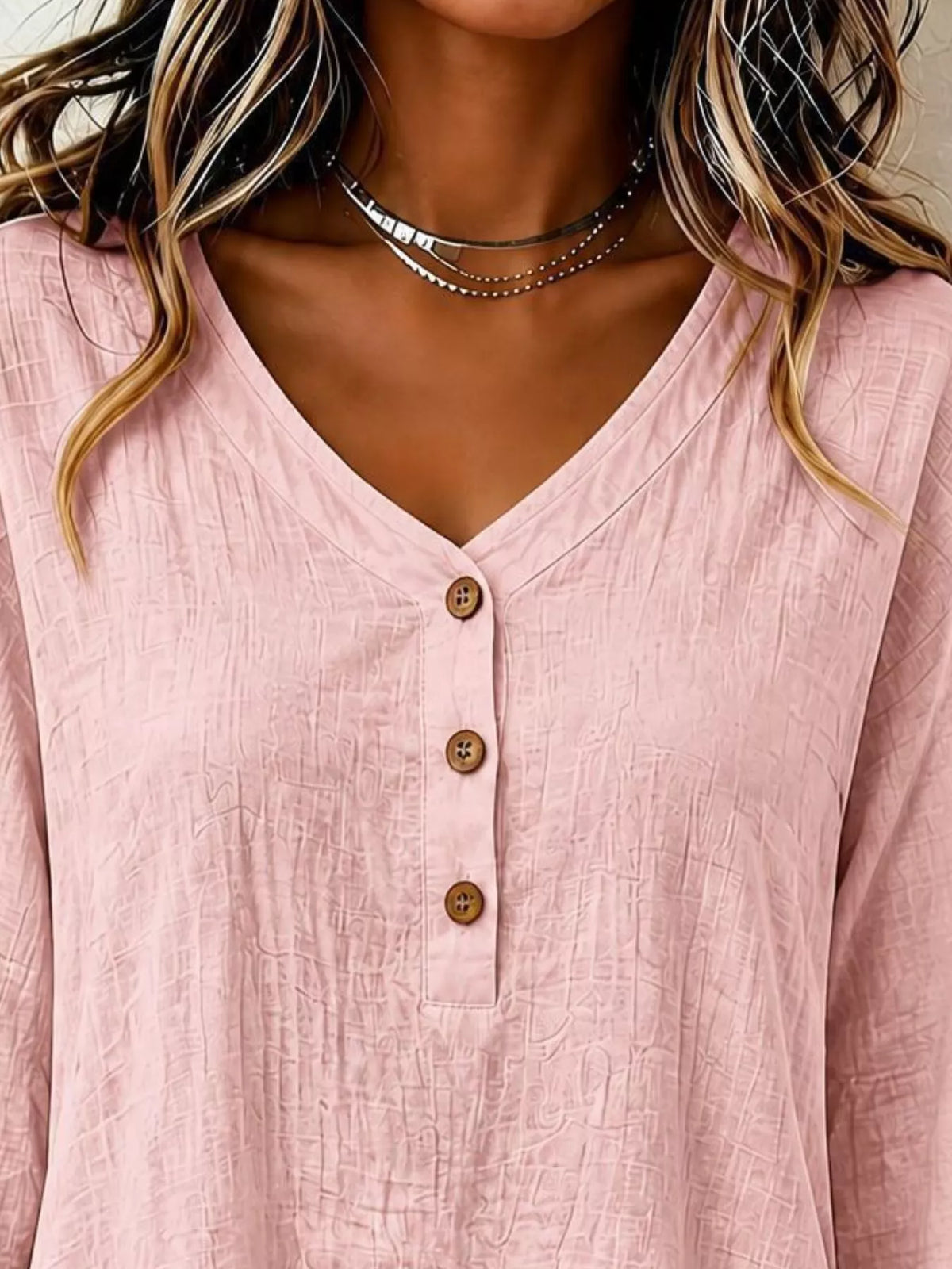 V-Neck Long Sleeve Button Detail Ruffled Hem Blouse - Lilixa.store