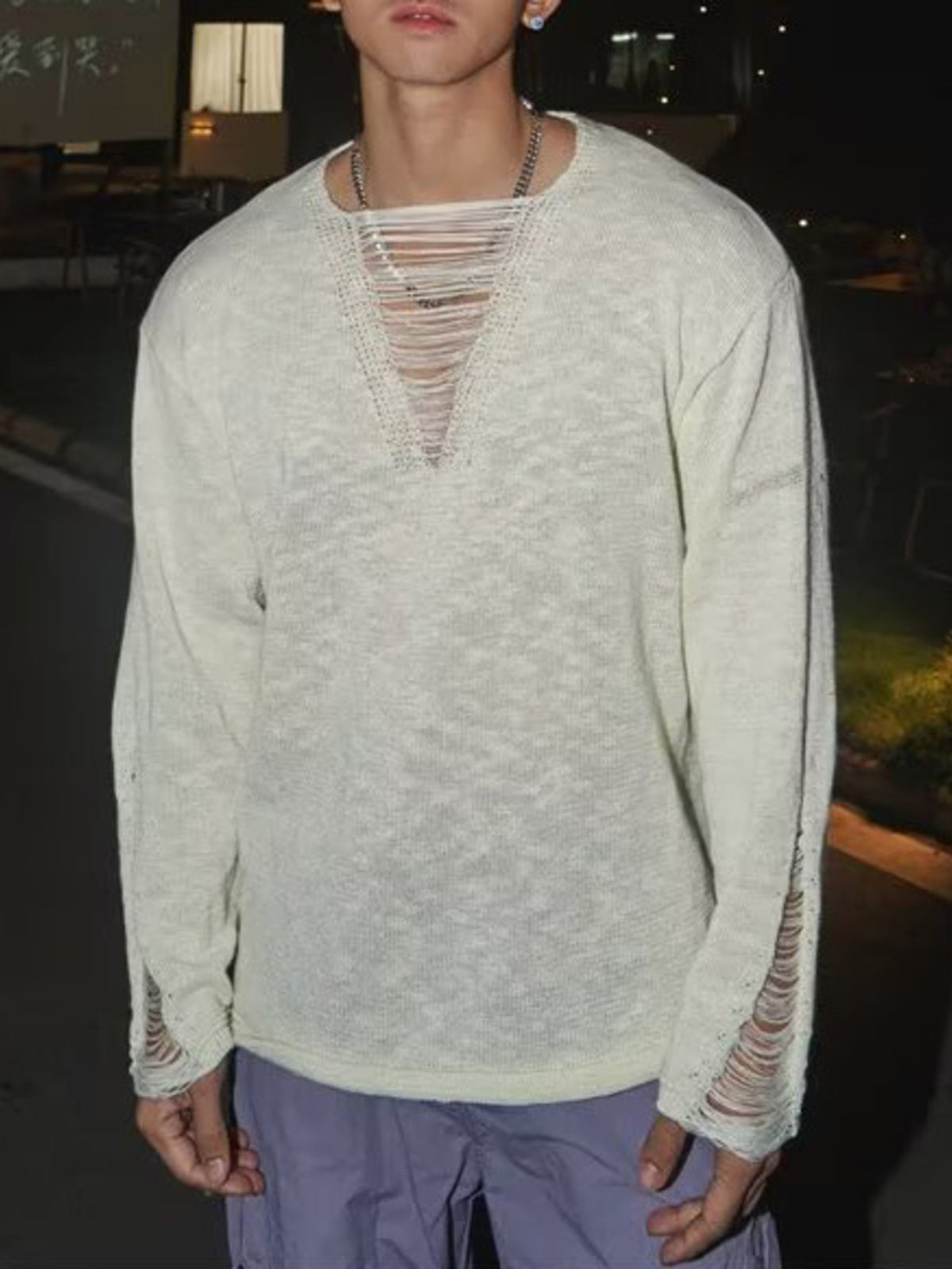 Men's Full Size Distressed Long Sleeve Sweater Plus Size