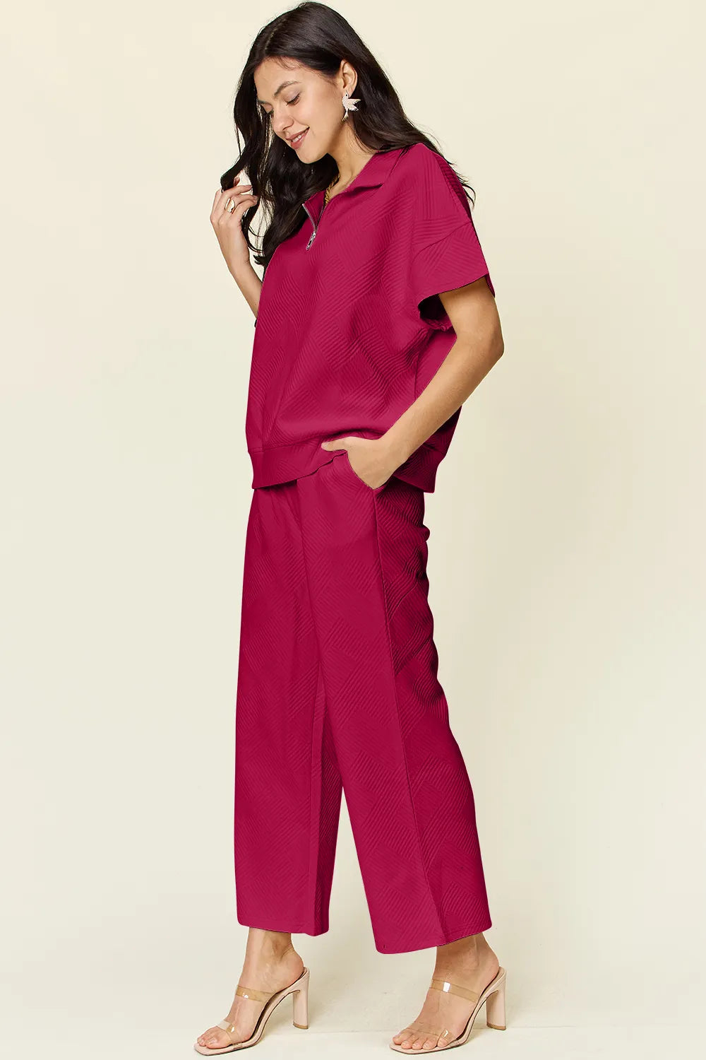 Double Take Full Size Texture Half Zip Short Sleeve Top and Pants Set, view 26