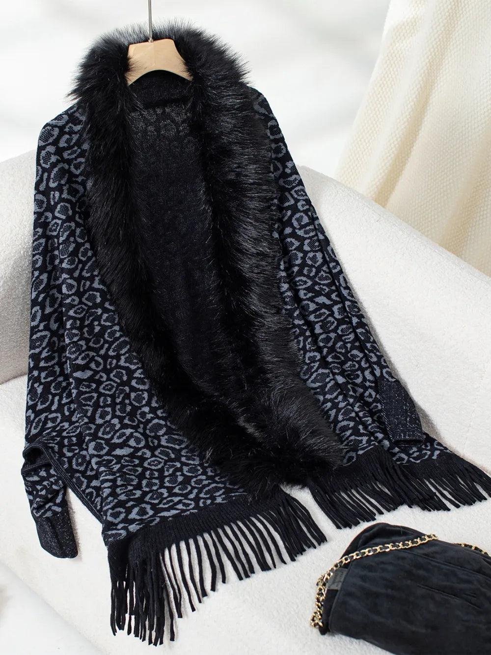 Fringe Leopard Open Front Long Sleeve Poncho in Black