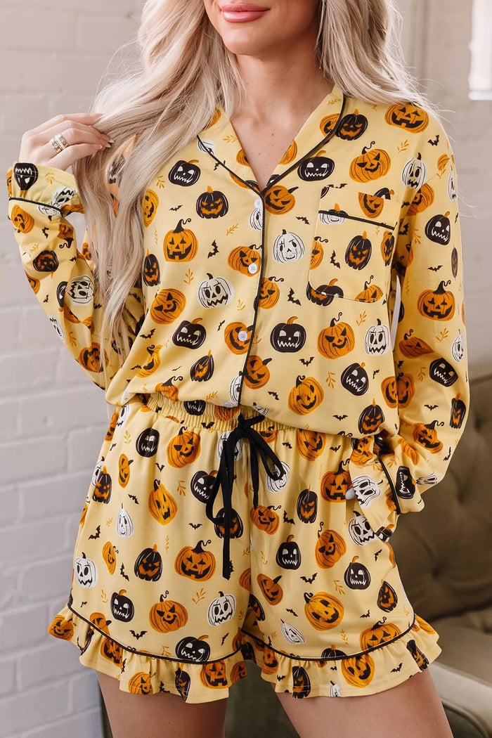 Halloween Pumpkin Print Long Sleeve Two Piece Lounge Set in Gold