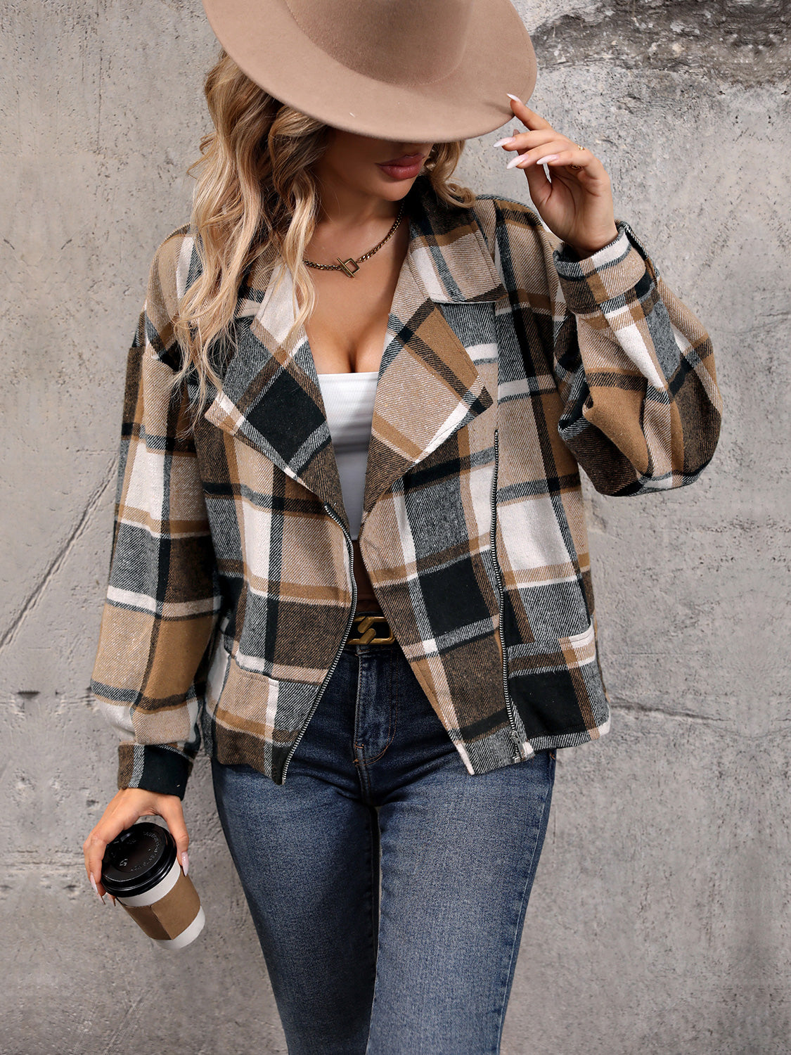 Perfee Plaid Collared Neck Long Sleeve Jacket in Camel, view 5