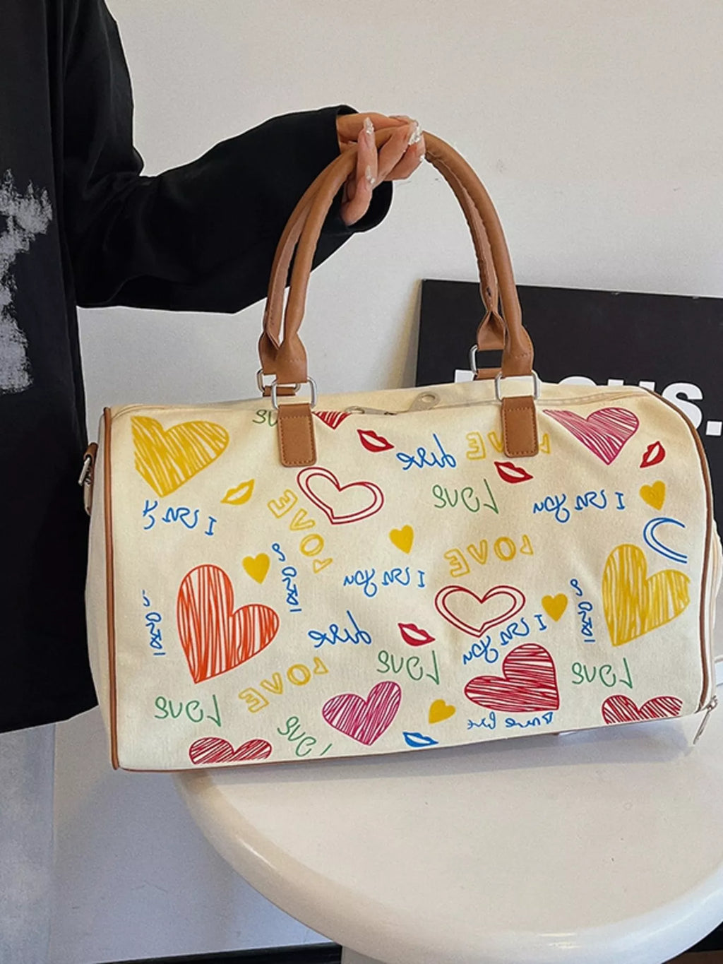 Printed Duffel Bag with Adjustable Strap in Off-white, view 2