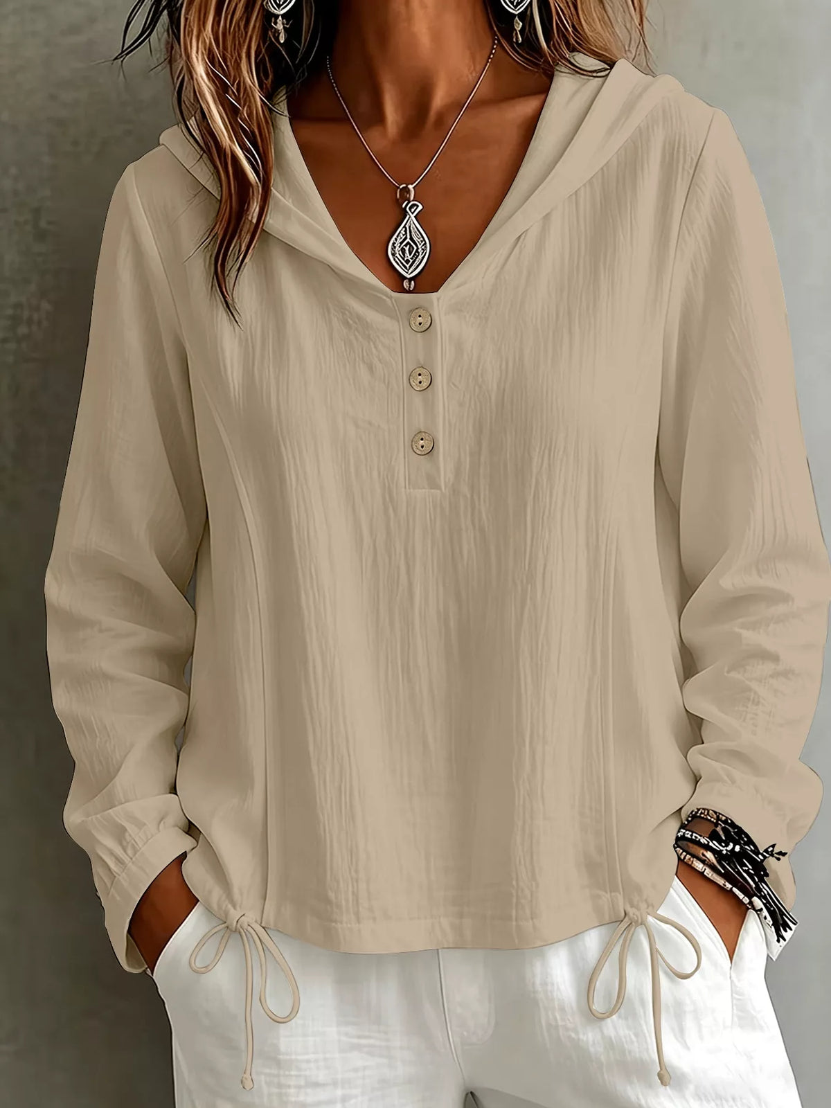 Button Detail Long Sleeve Hooded Blouse in Khaki