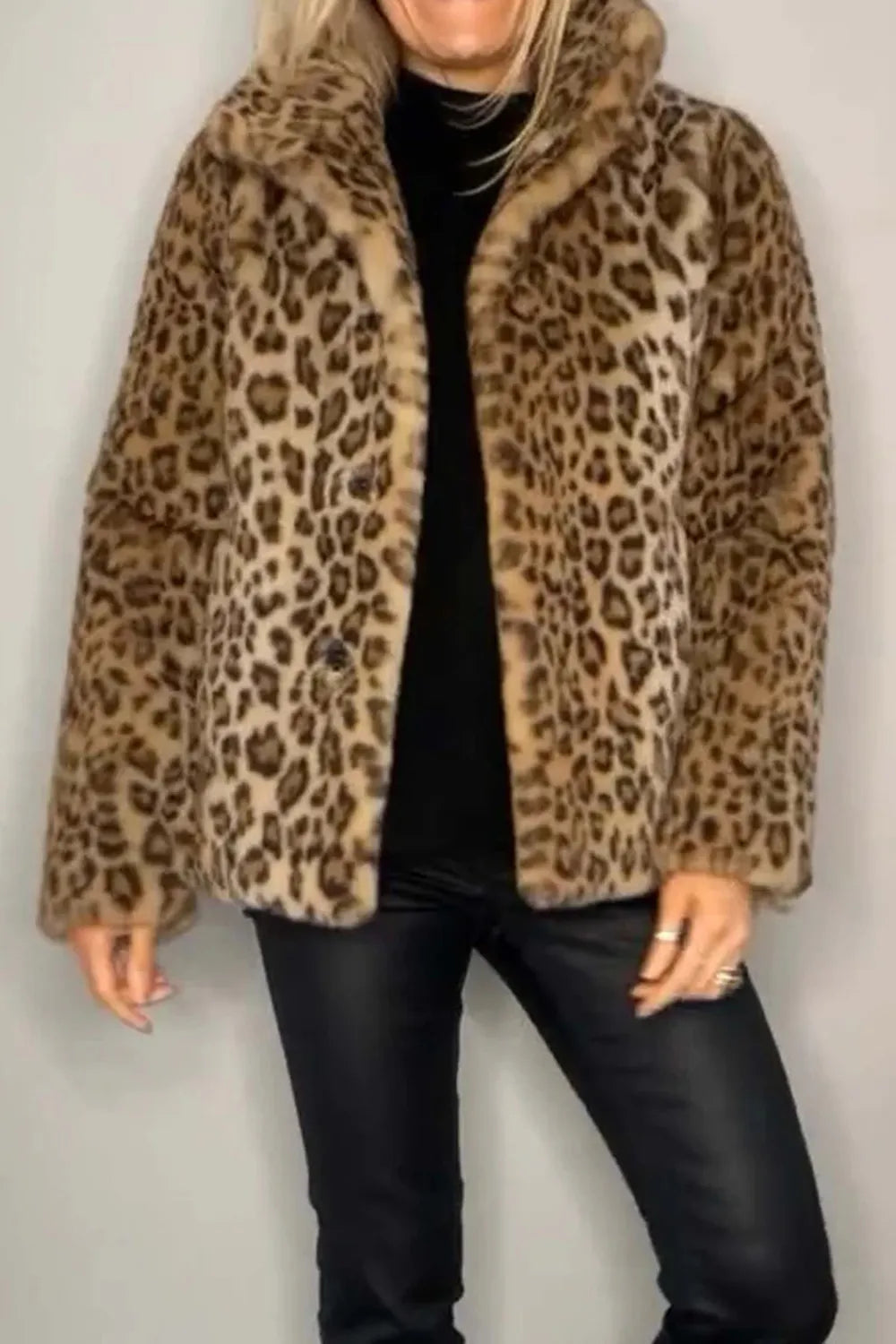 Full Size Leopard Furry Collared Neck Long Sleeve Coat in Camel
