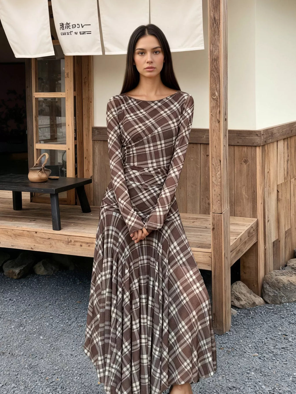 Plaid Long-Sleeve Slim-Fit Maxi Dress - Lilixa.store