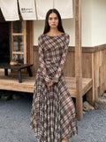 Plaid Long-Sleeve Slim-Fit Maxi Dress - Lilixa.store