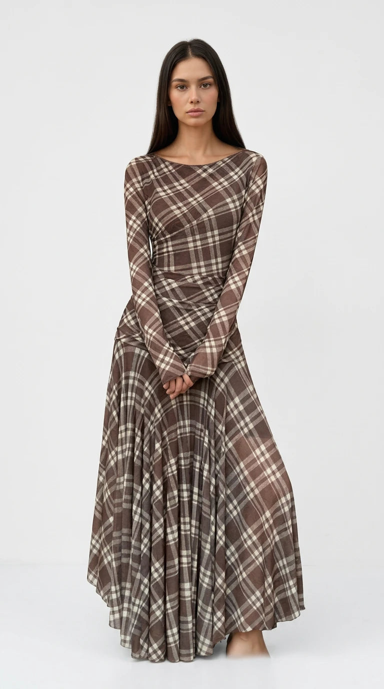Plaid Long-Sleeve Slim-Fit Maxi Dress in Brown