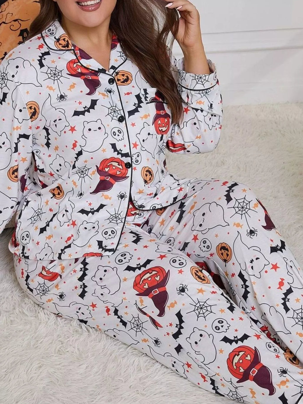 Plus Size Halloween Ghost and Pumpkin Print Top and Pants Lounge Set - Lilixa.store