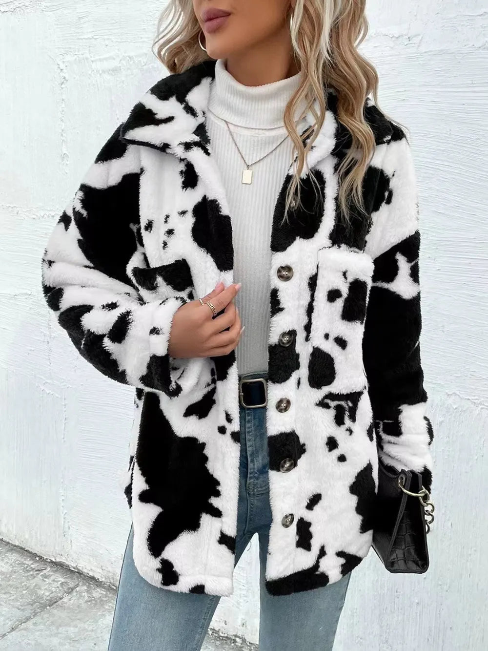 Cow Print Collared Neck Button Up Fuzzy Jacket, view 2