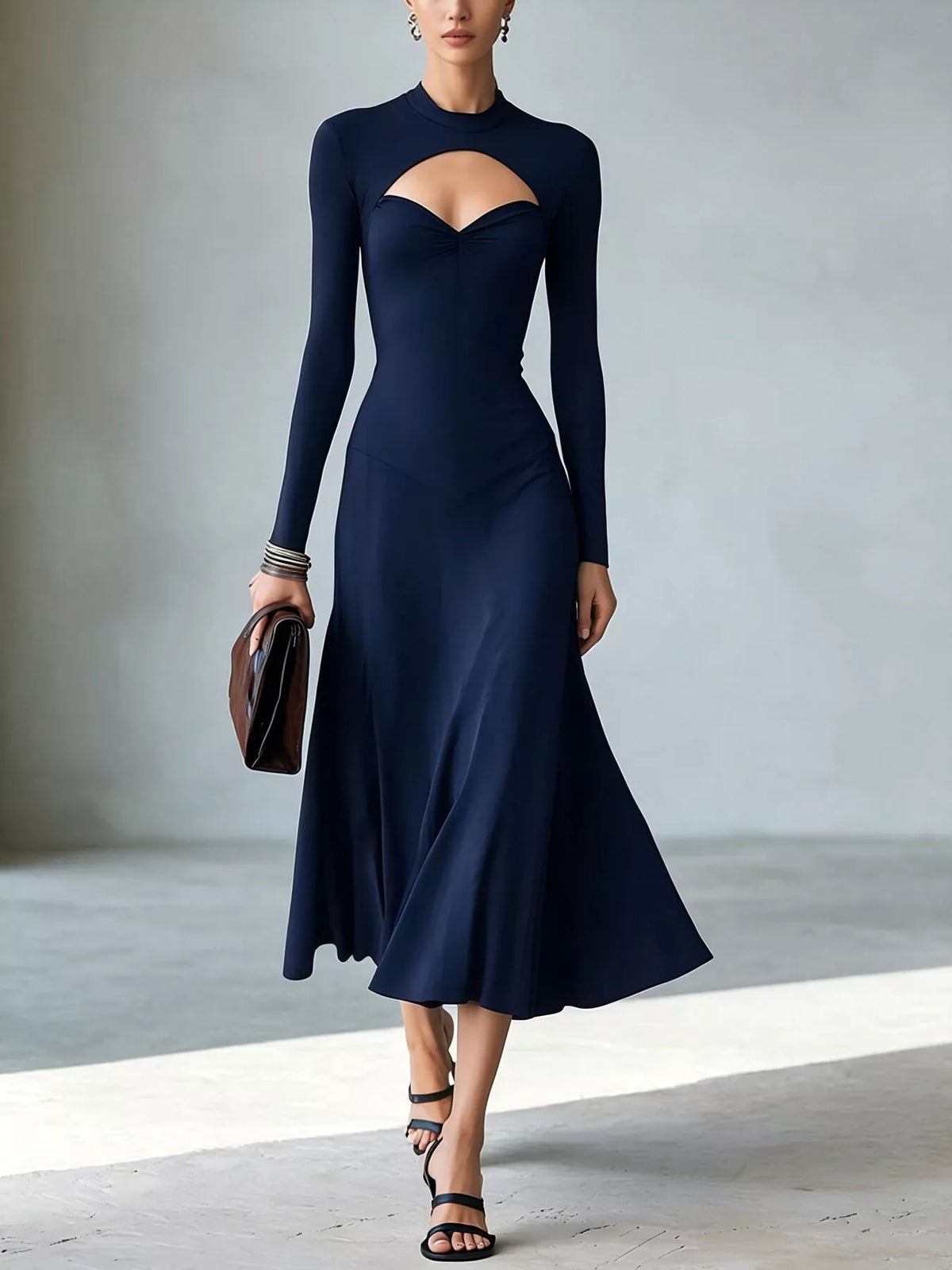 Full Size Mock Neck Cut-Out Long Sleeve Midi Dress Plus Size - Lilixa.store