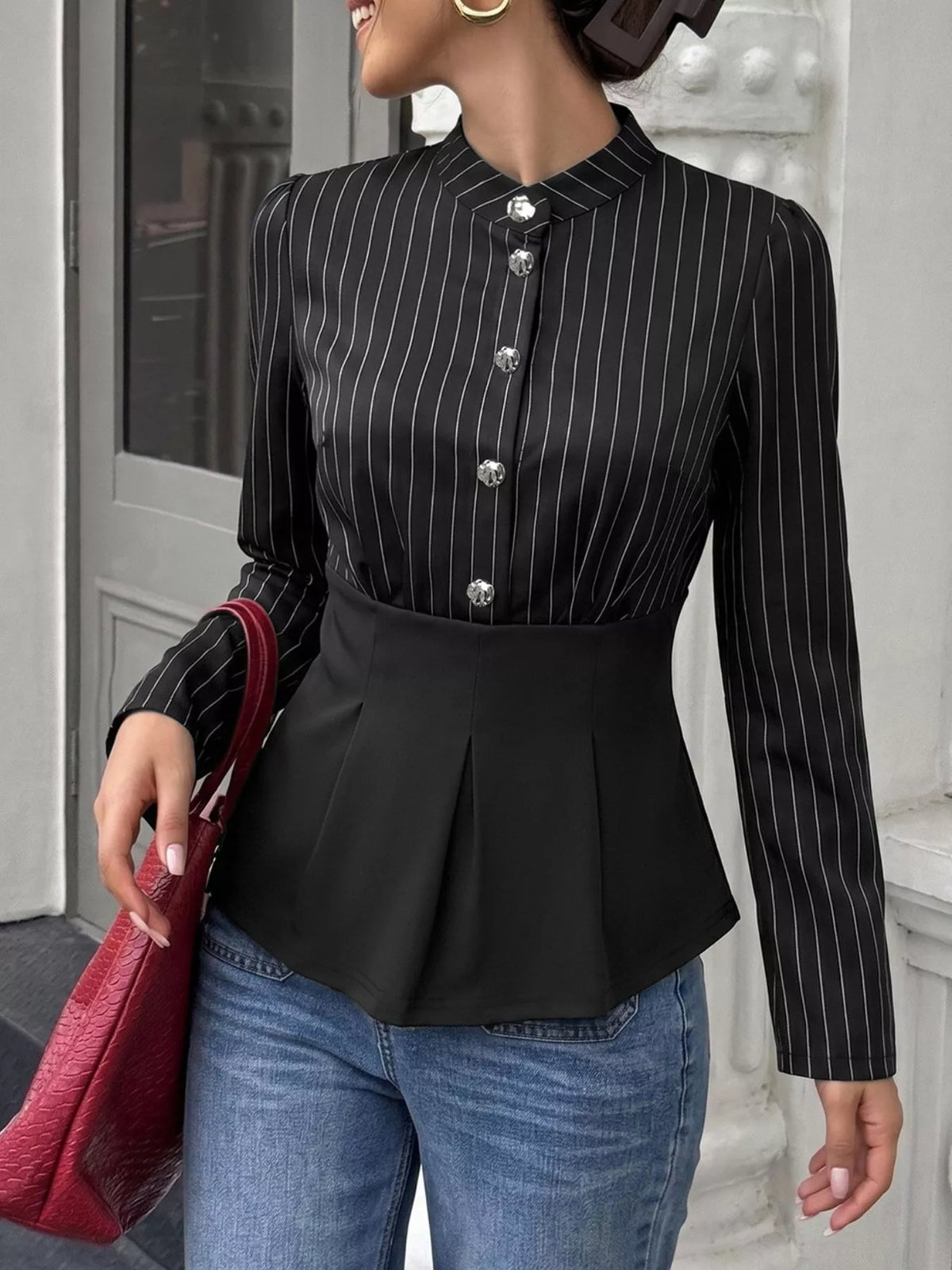Striped Long Sleeve Peplum Blouse in Black, view 3