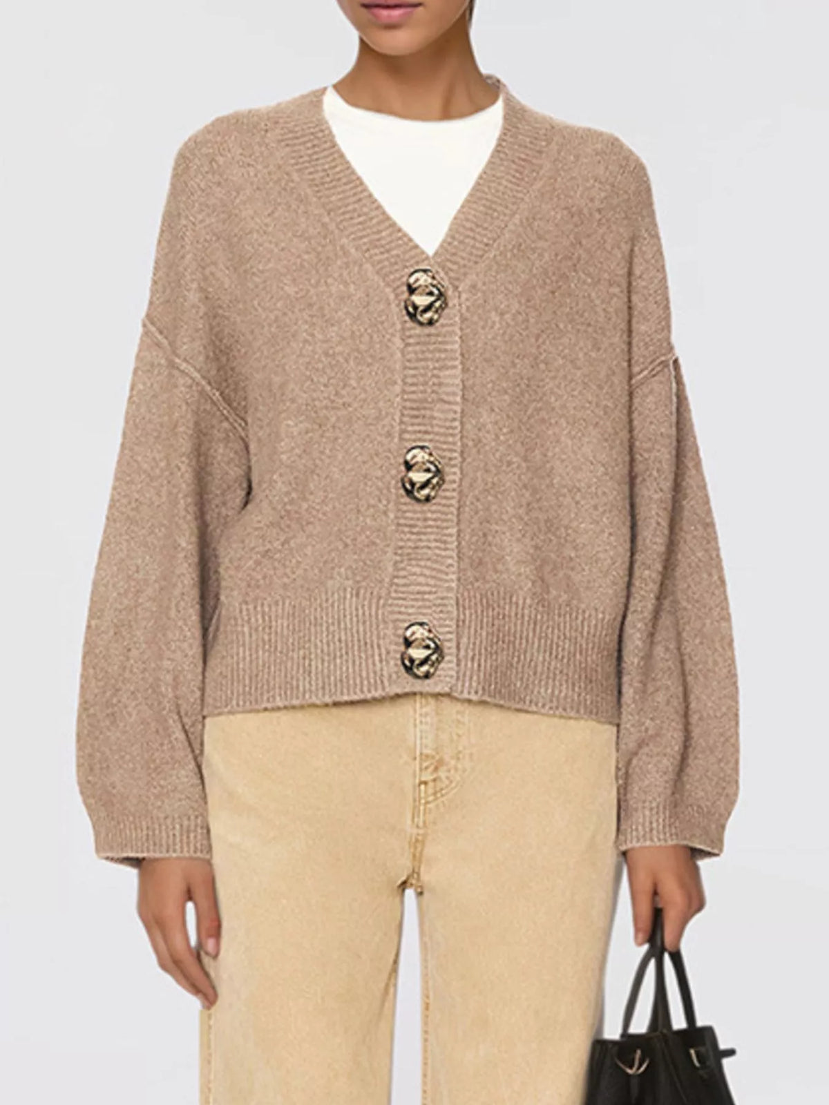 Gold Buttons V-Neck Cardigan - Lilixa.store