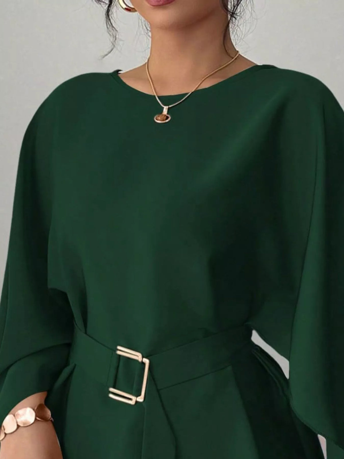 Round Neck Belt Batwing Sleeve Blouse - Lilixa.store