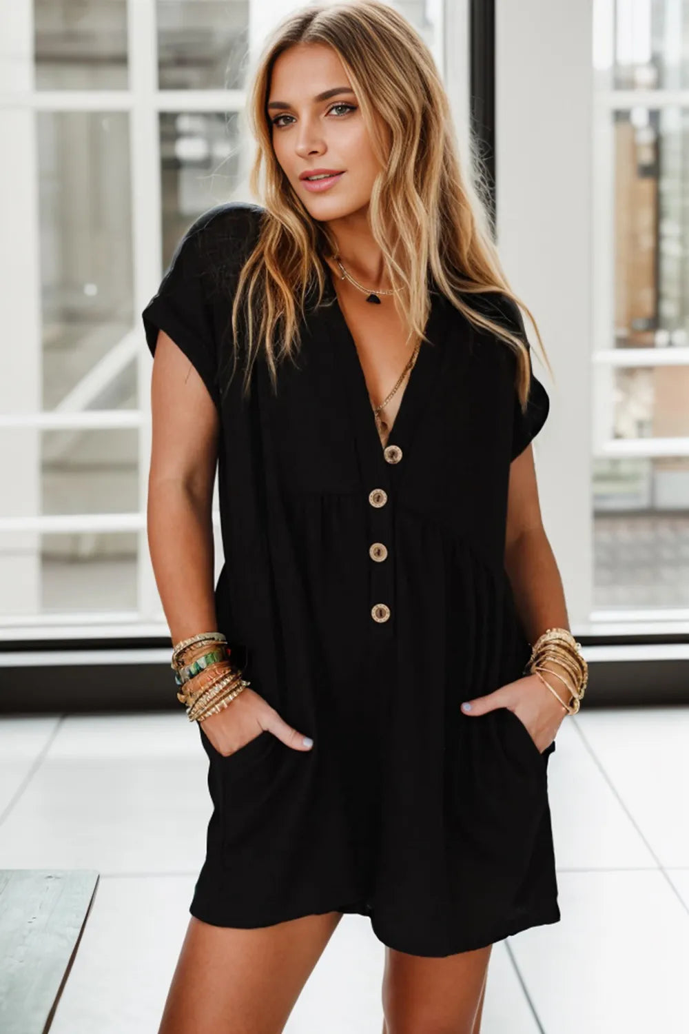 Pocketed V-Neck Short Sleeve Romper - Lilixa.store