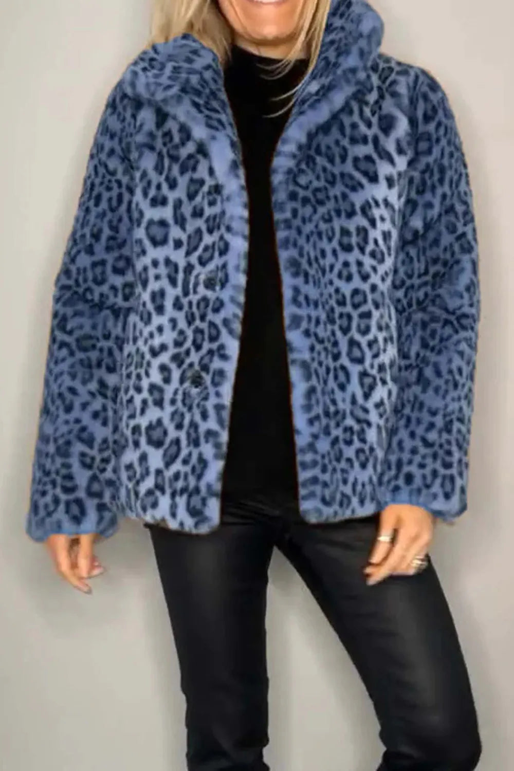 Full Size Leopard Furry Collared Neck Long Sleeve Coat in Royal Blue
