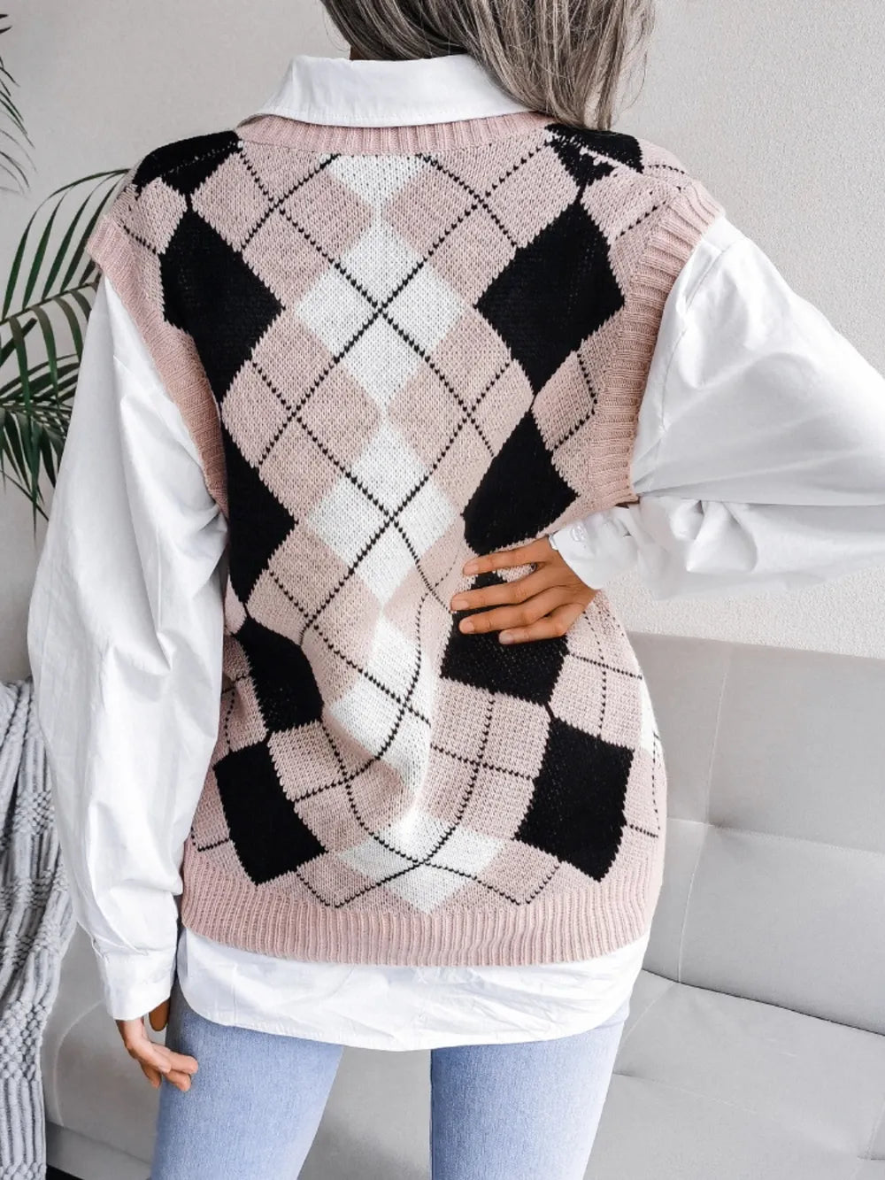 Plaid V-Neck Sweater Vest - Lilixa.store