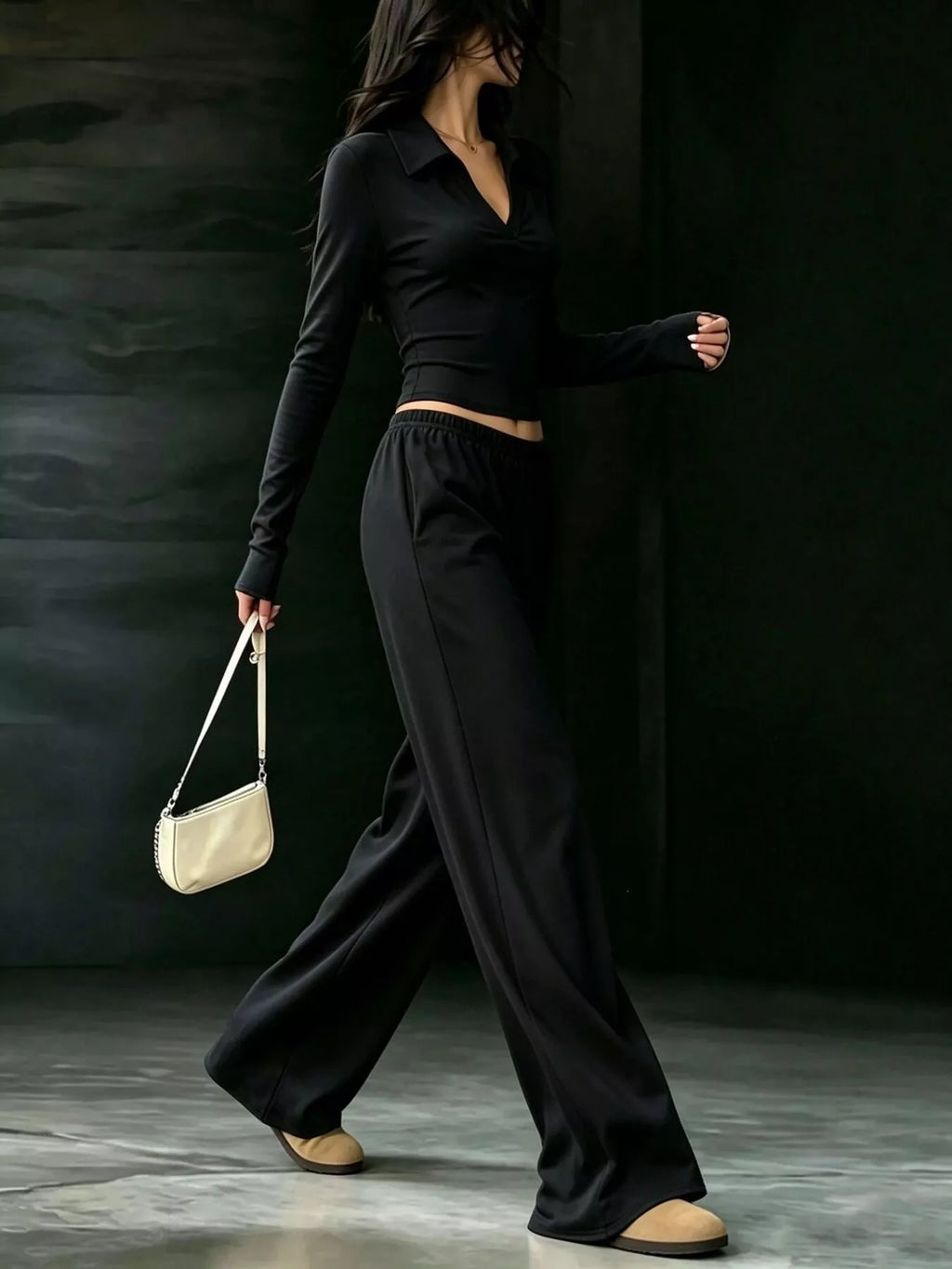 Solid Color Long Sleeve Polo Collar Top and Wide Leg Pants Set - Lilixa.store