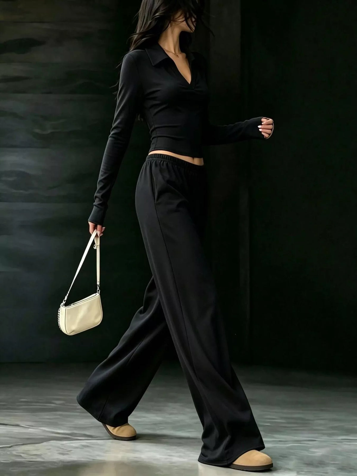Solid Color Long Sleeve Polo Collar Top and Wide Leg Pants Set - Lilixa.store