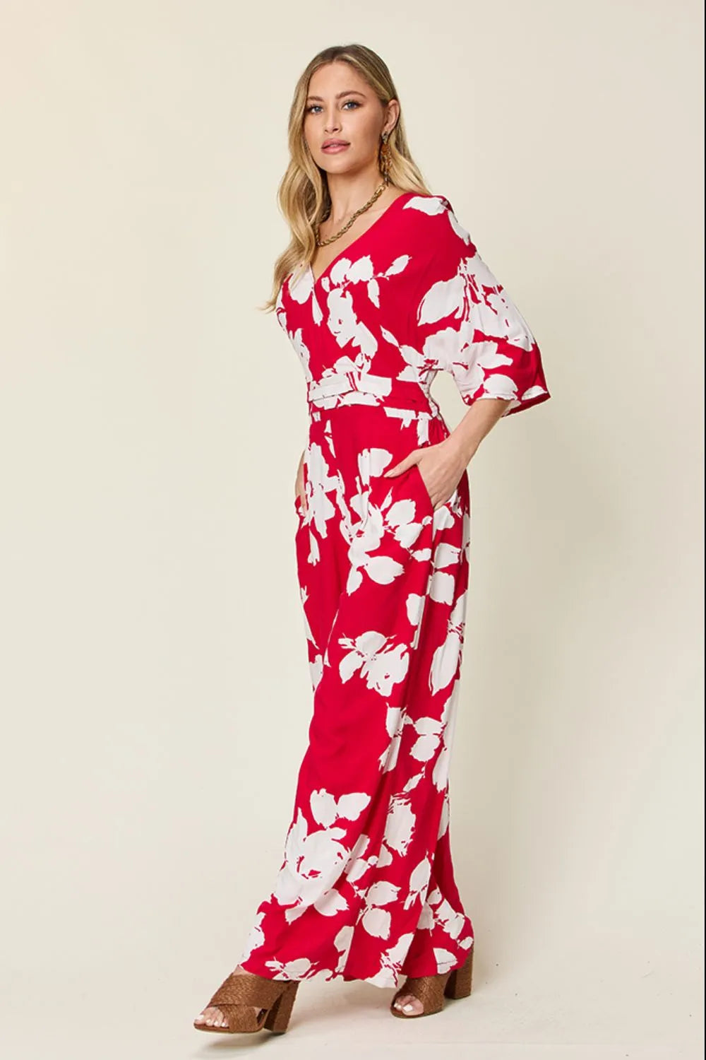Double Take Full Size Printed Tie Back Wide Leg Jumpsuit - Lilixa.store