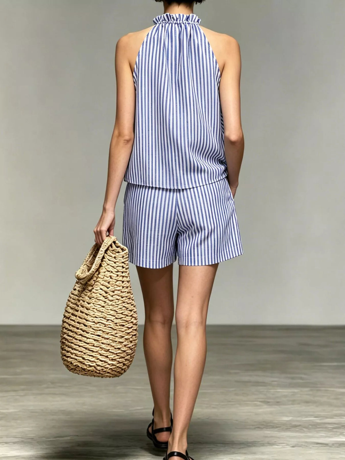 Ruffled Striped Sleeveless Top and Shorts Set