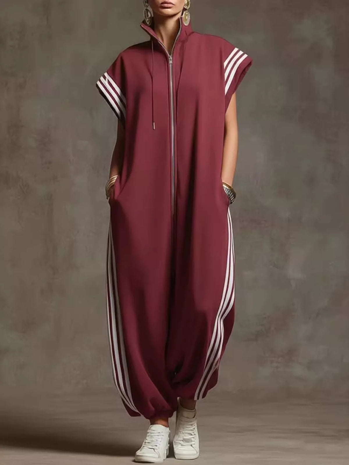 Full Size Side Stripe Zip-Front Wide Leg Jumpsuit Plus Size - Lilixa.store