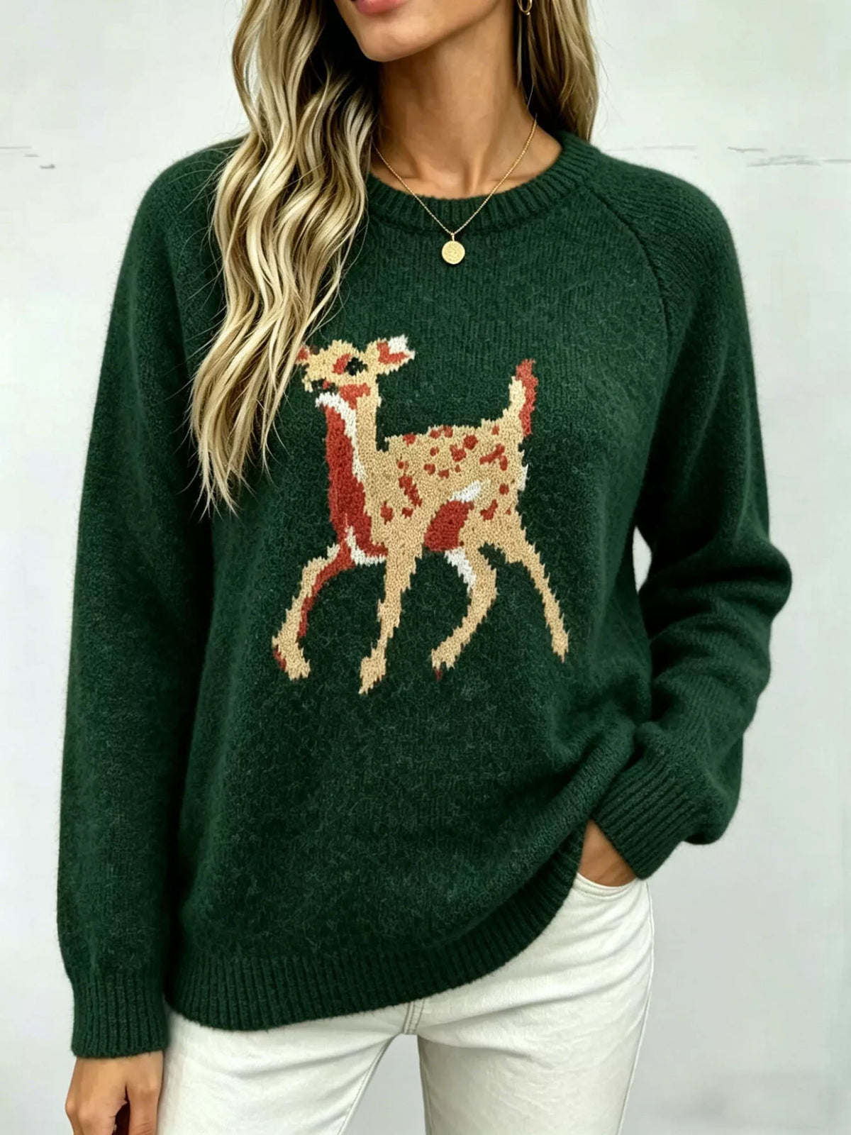 Deer Pattern Raglan Sleeve Sweater - Lilixa.store