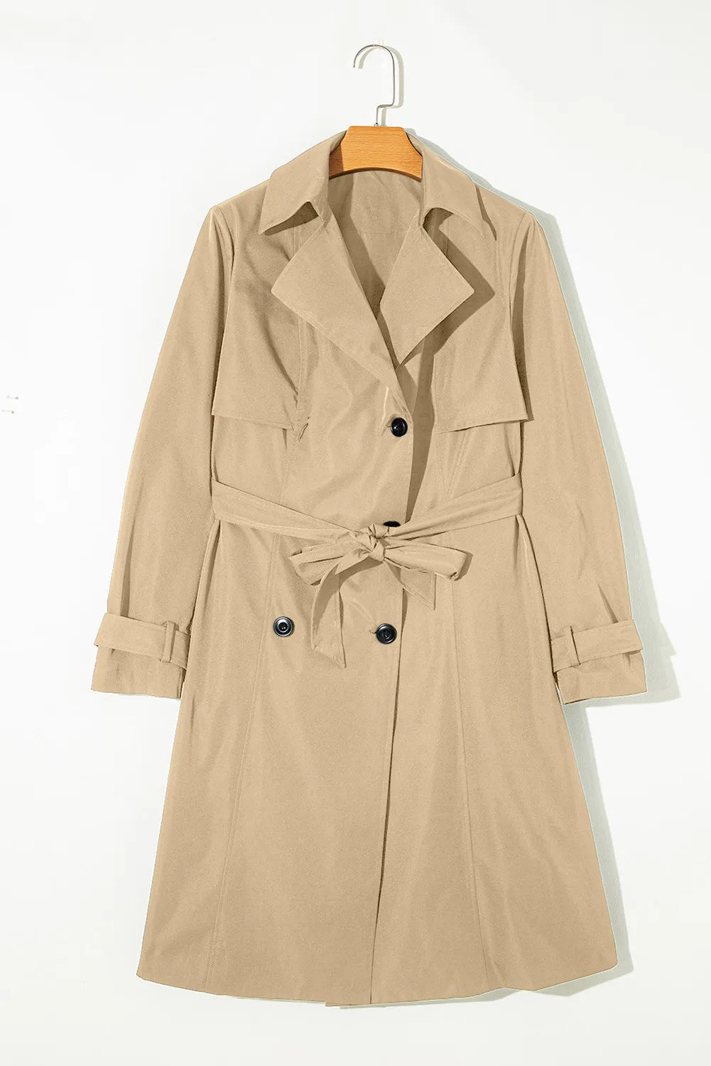 Collared Neck Tie Waist Buttoned Long Sleeve Trench Coat in Dust Storm, view 3