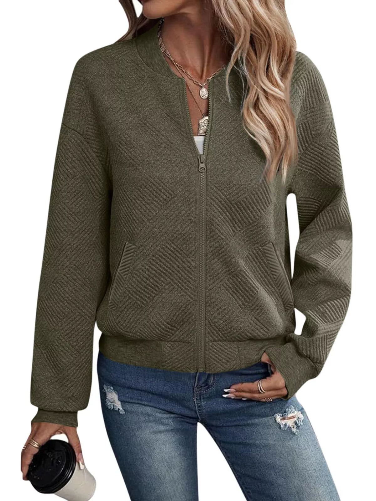 Textured Knit Zip-Up Jacket - Lilixa.store