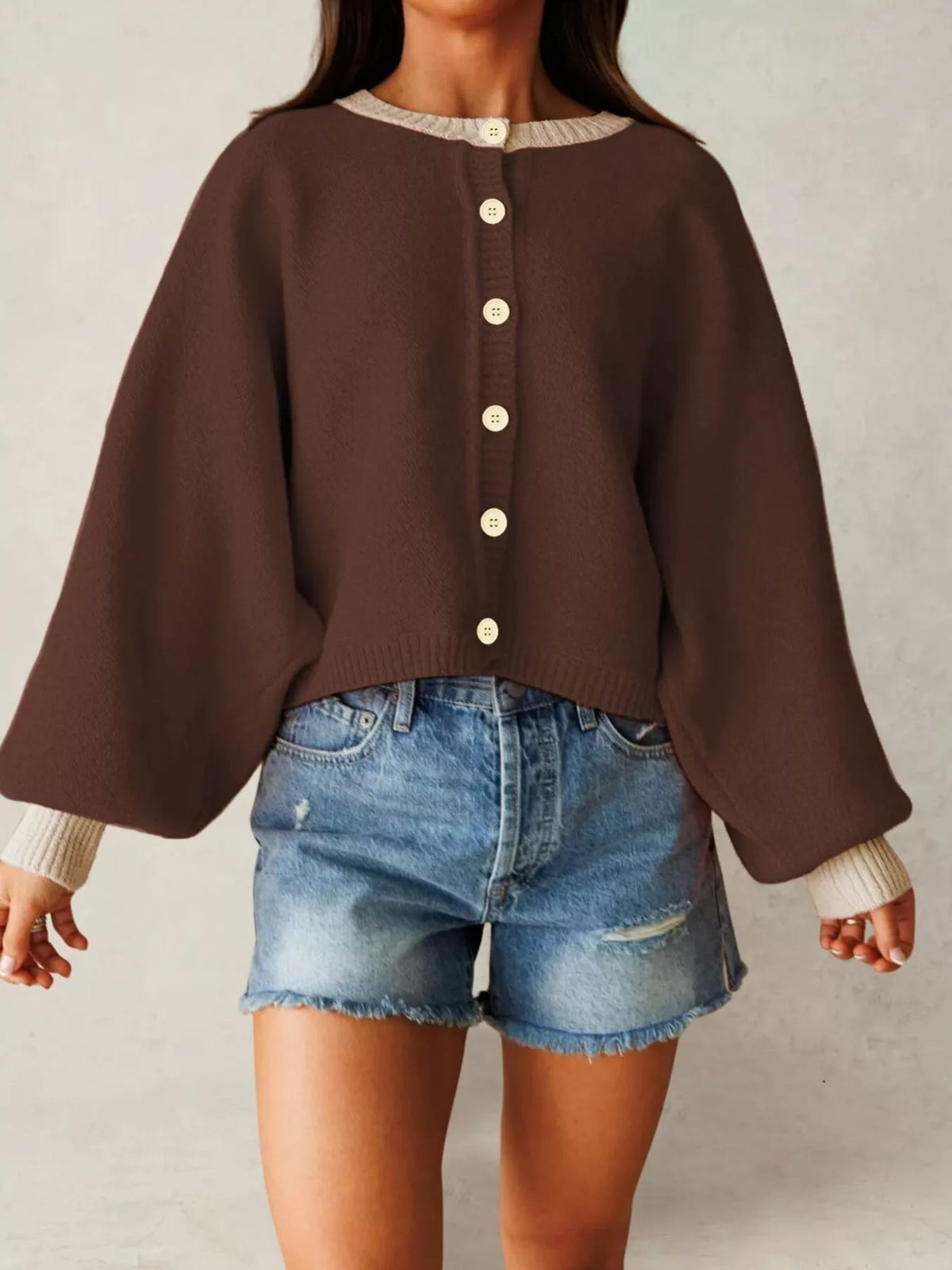 Button-Front Knit Cardigan with Contrast Trim - Lilixa.store