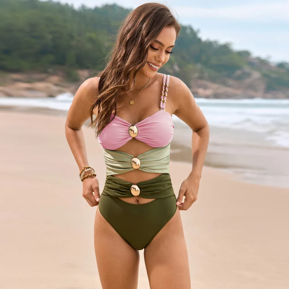 Color Block Sweetheart Neck One-Piece Swimwear - Lilixa.store