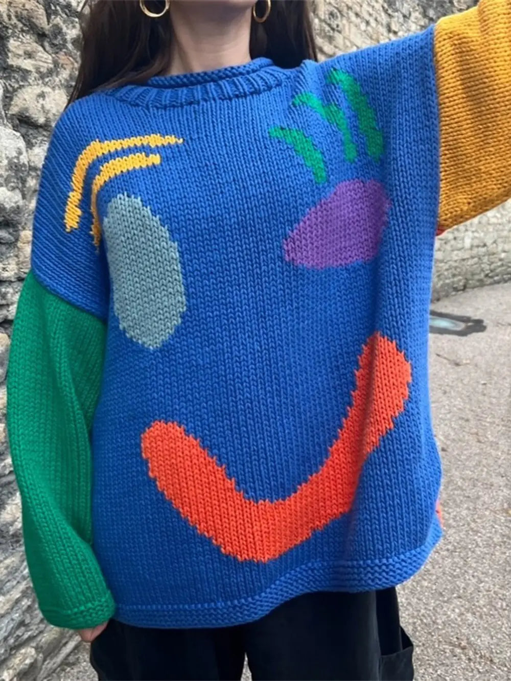 Contrast Drop Shoulder Long Sleeve Sweater in Blue