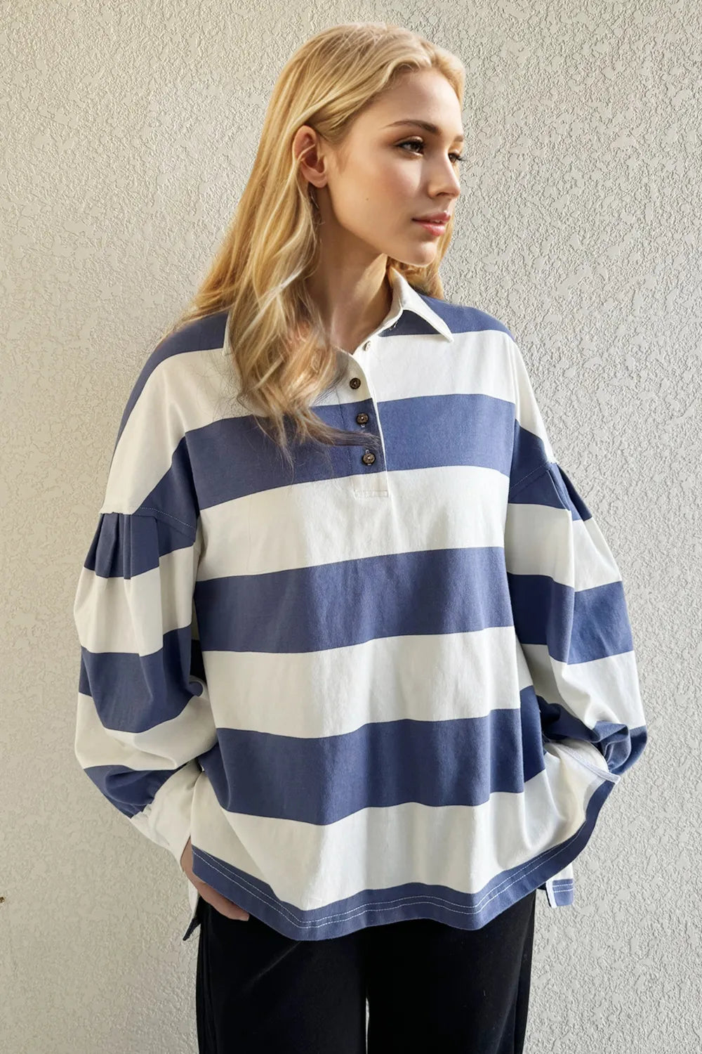 Oh Pima Cotton Wash Wide Striped Collared Neck Long Sleeve Top - Lilixa.store