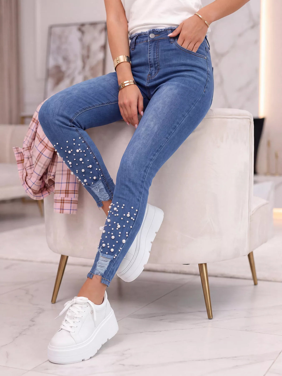 High-Waisted Pearl Embellished Skinny Jeans
