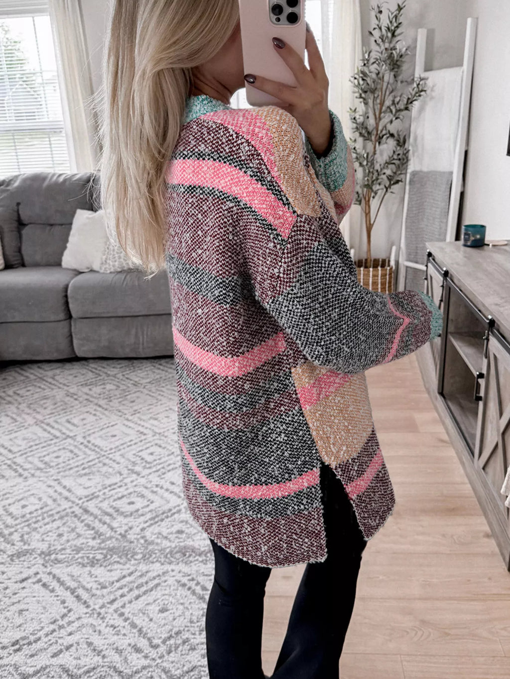Color Block Striped Side Slit Open Front Cardigan - Lilixa.store