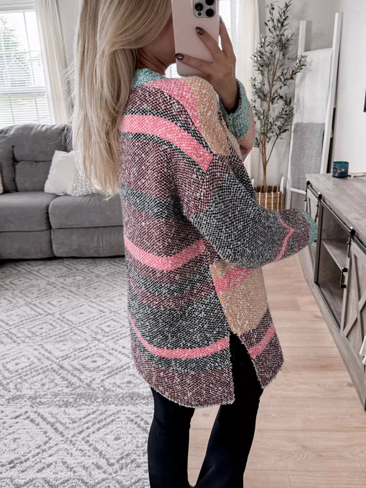 Color Block Striped Side Slit Open Front Cardigan - Lilixa.store