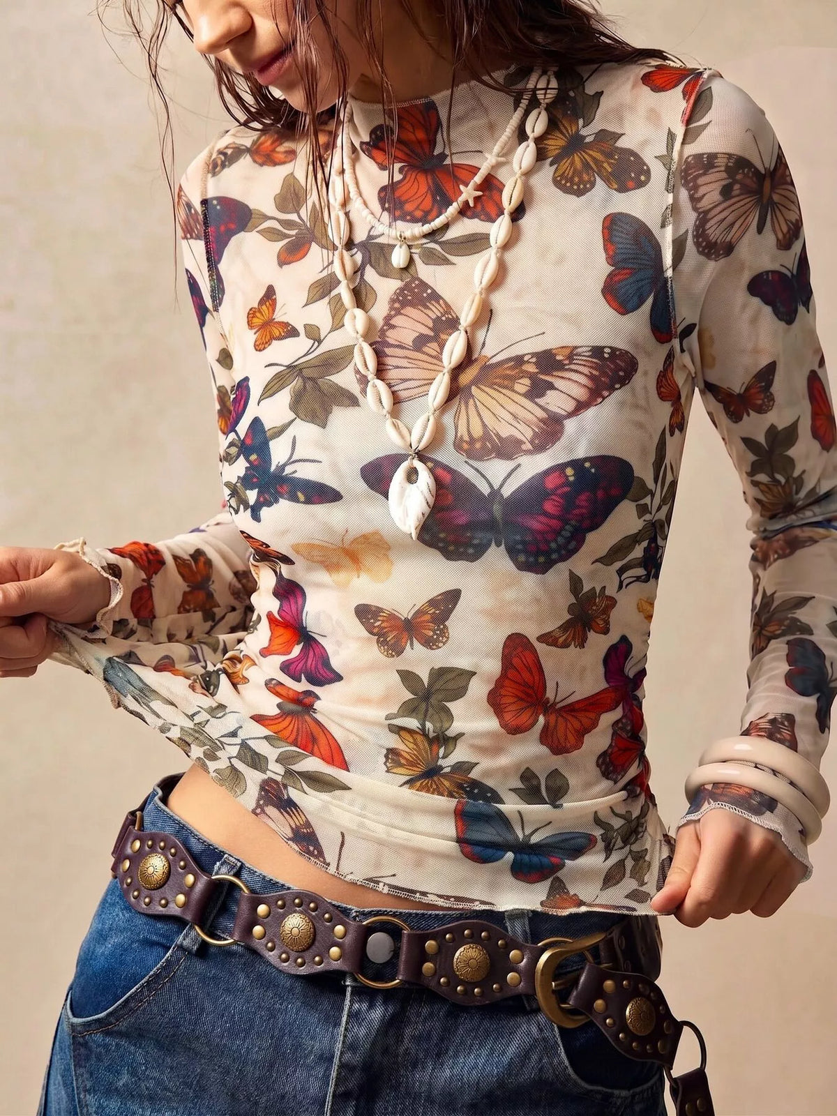 Butterfly Print Long Sleeve T-Shirt - Lilixa.store
