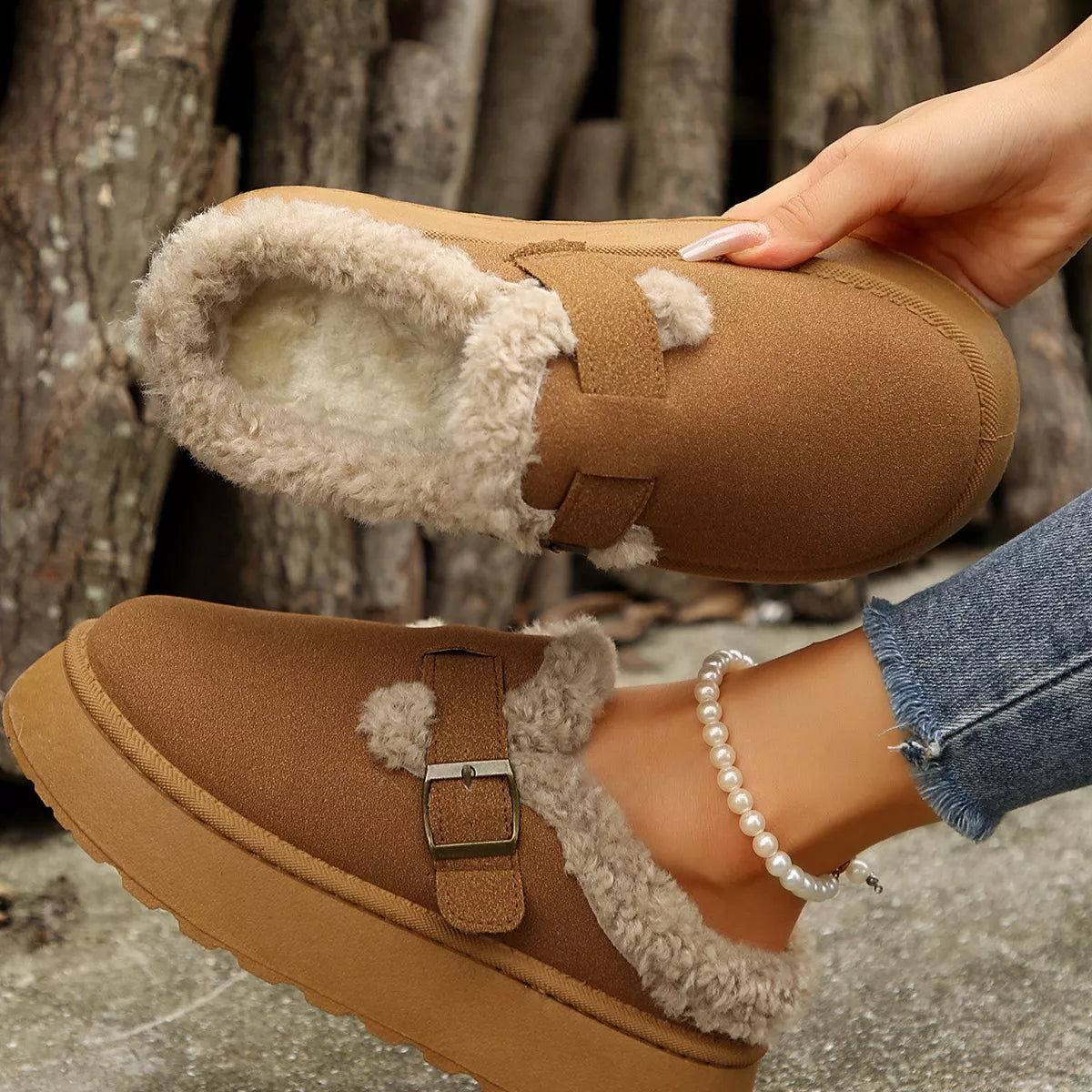 Fuzzy Trim Buckle Platform Slippers - Lilixa.store