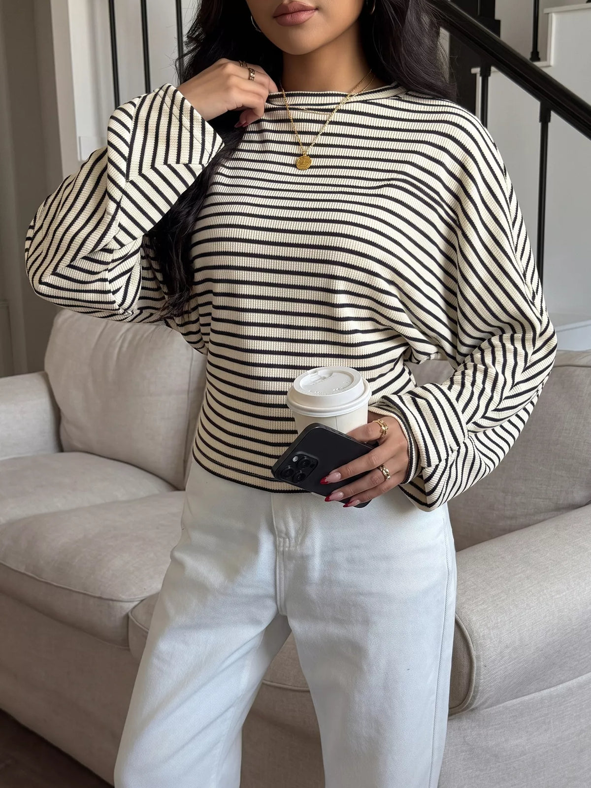 Striped Batwing Sleeve Crew Neck T-Shirt
