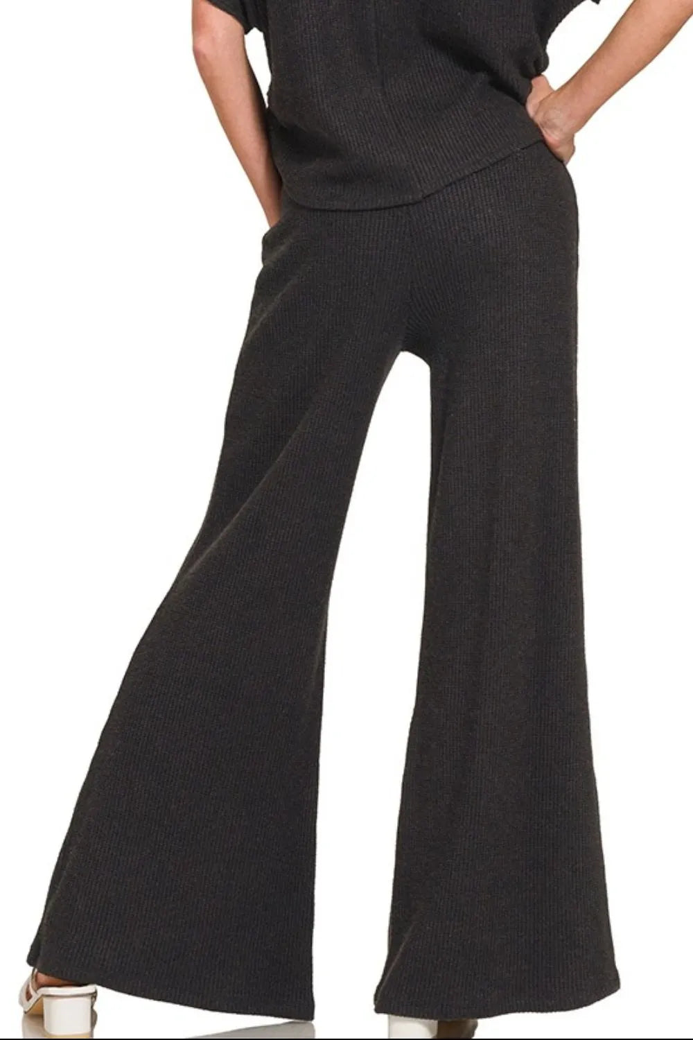Zenana Wide Leg Flare Sweater Pants in Black, view 2