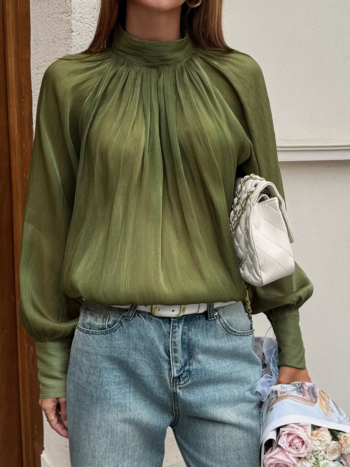 Mock Neck Lantern Sleeves Blouse - Lilixa.store