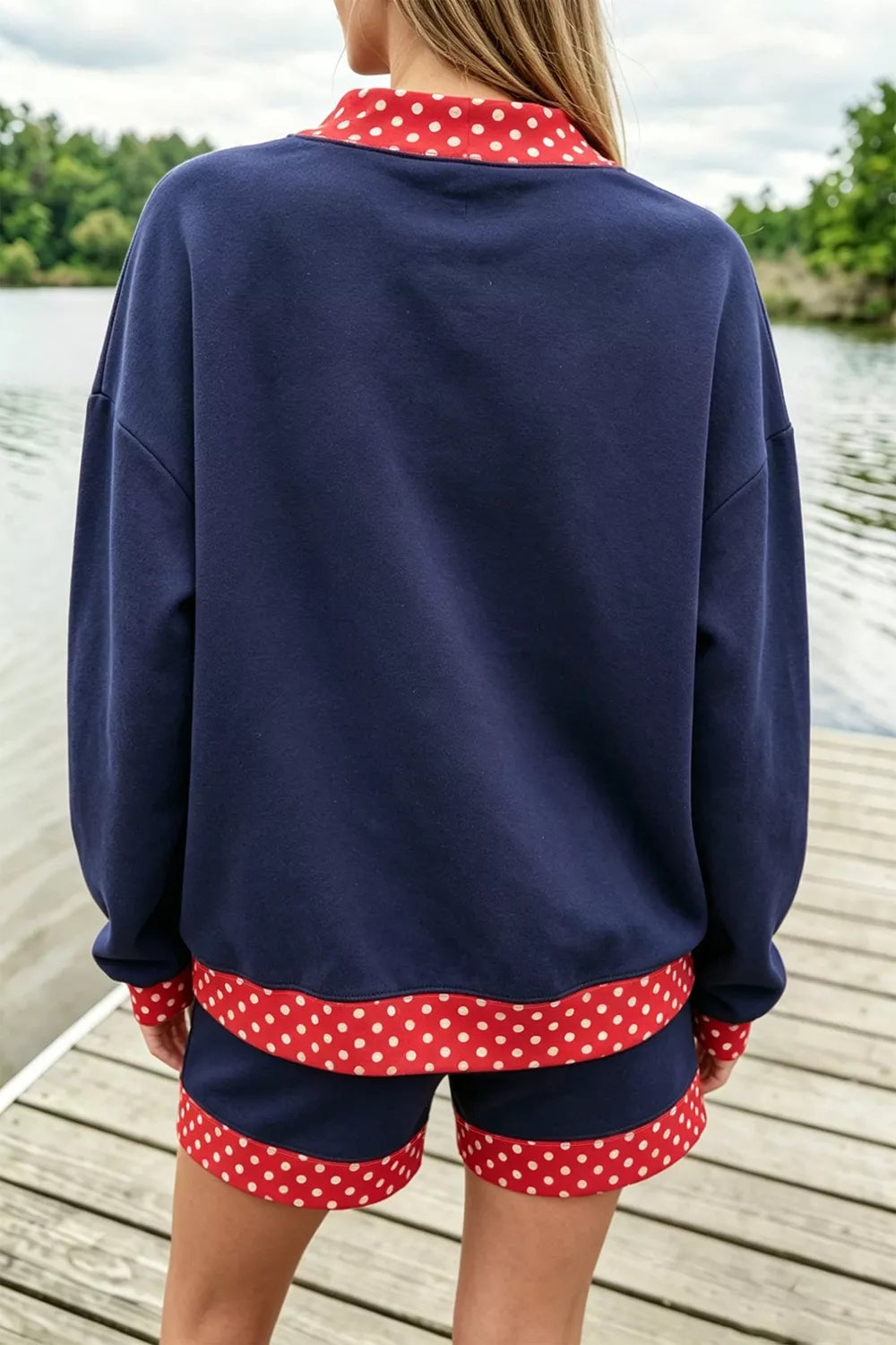 Polka Dot Trim Top and Shorts Set in Navy, view 2