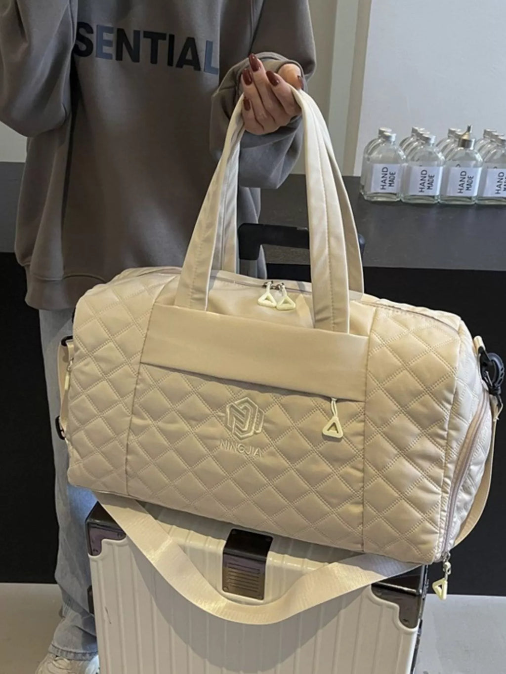Quilted Duffel Bag with Adjustable Strap in Off-white, view 3