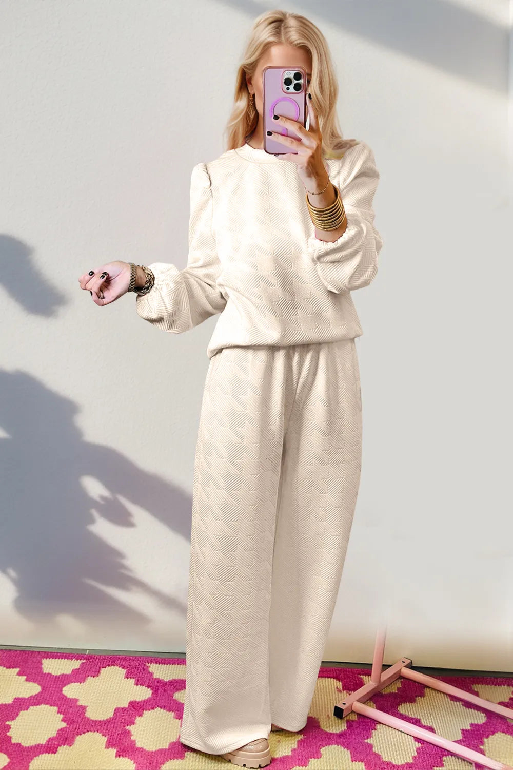 Double Take Texture Long Sleeve Top and Wide Leg Pants Set, view 2