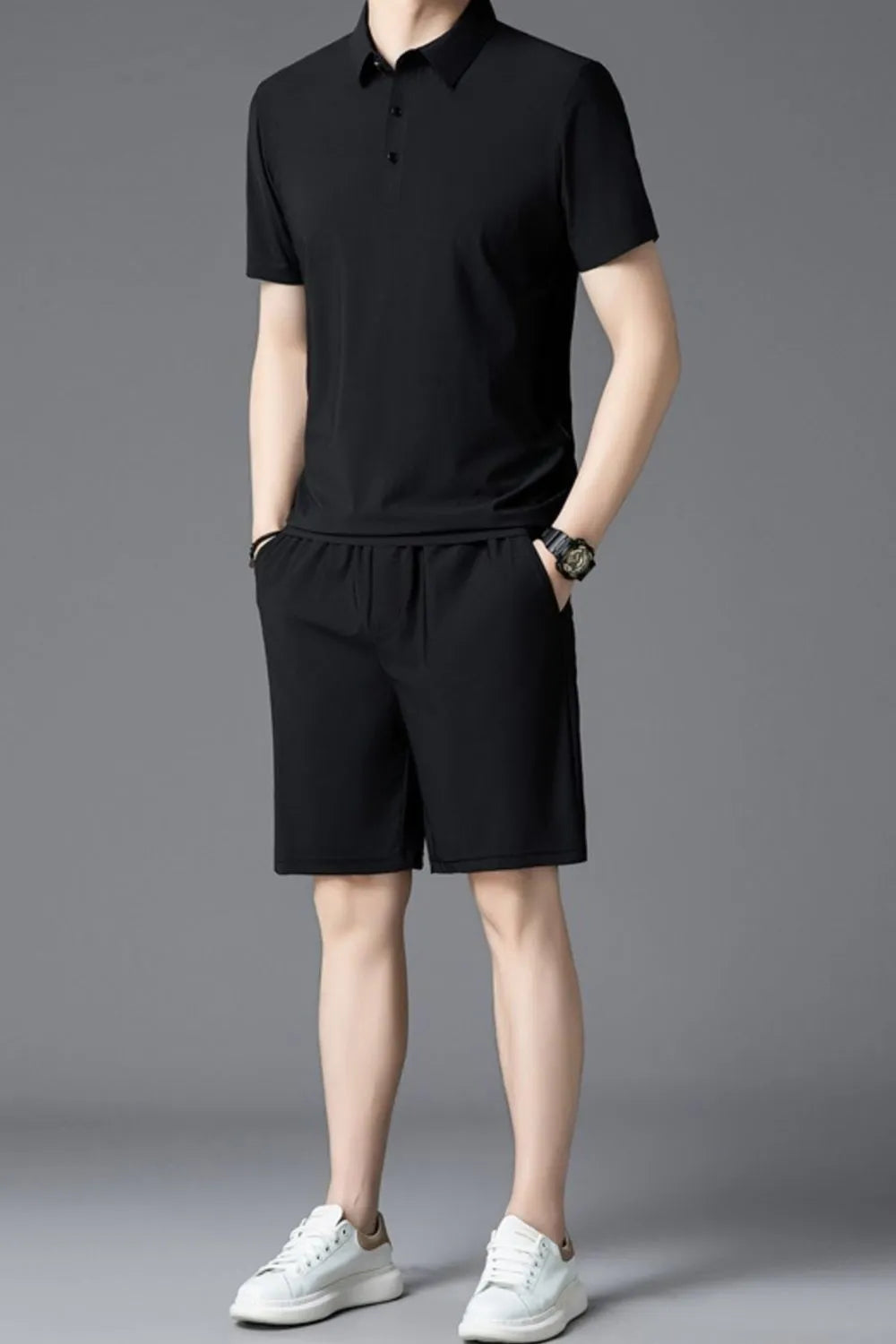 Men's Plus Size Short Sleeve Polo and Shorts Set in Black