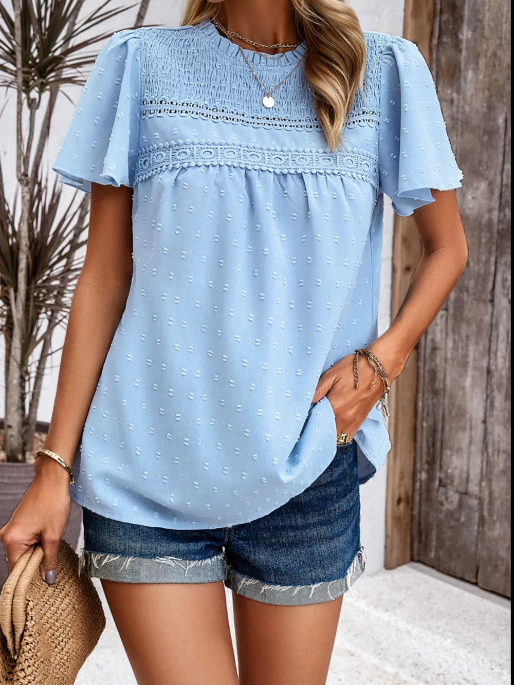 Devine Swiss Dot Smocked Round Neck Short Sleeve Blouse - Lilixa.store