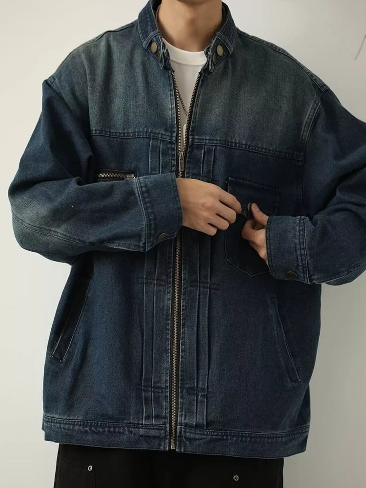 Men's Full Size Washed Zip Up Denim Jacket Plus Size - Lilixa.store